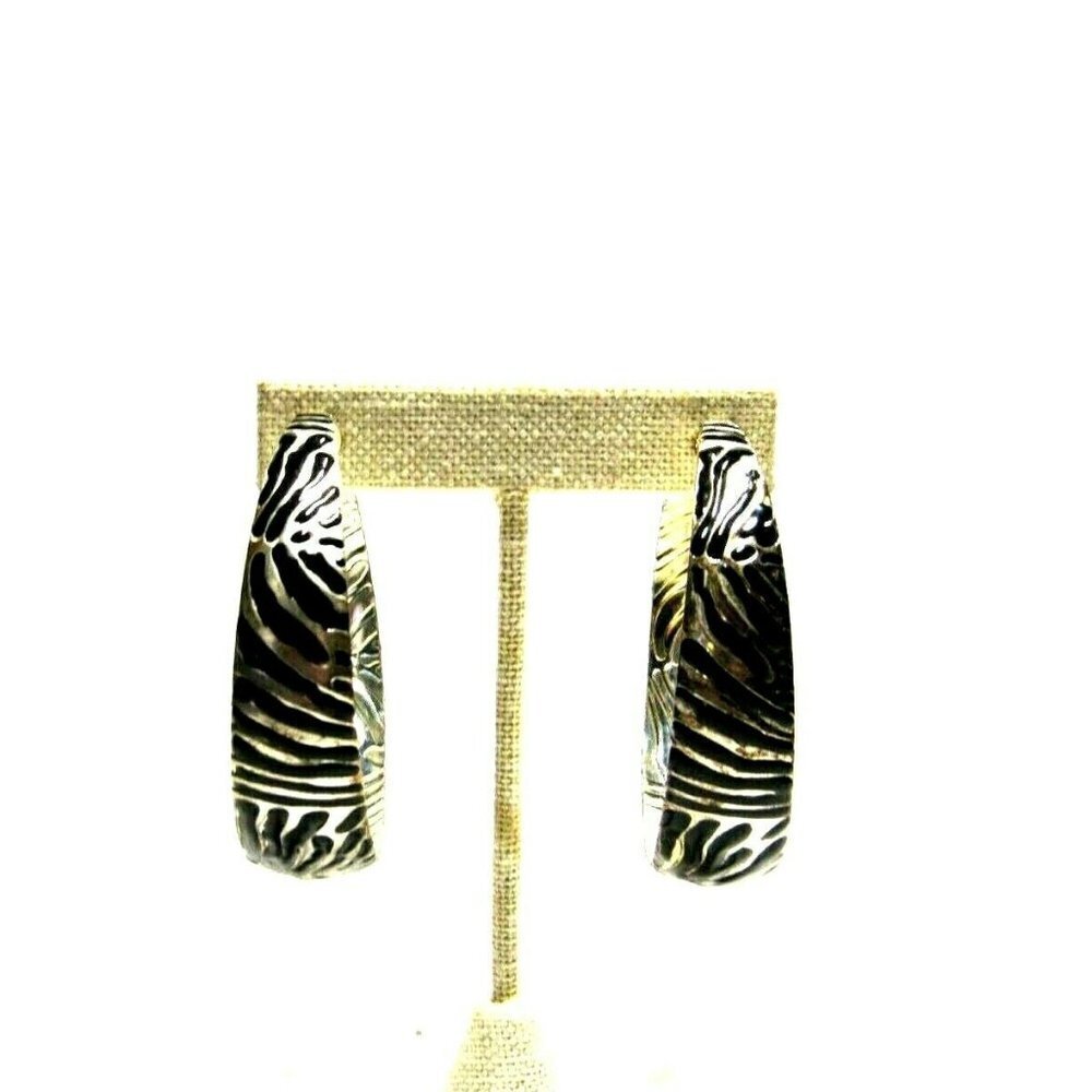 VTG  Post Hoop Earrings Steel Black Enamel Stripes